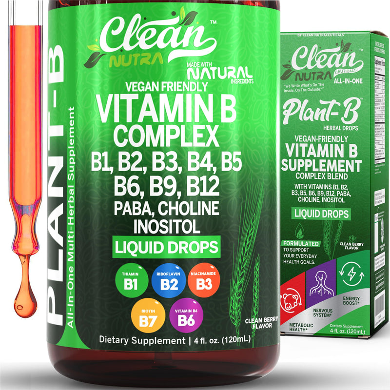 Vitamin B Complex Liquid Drops | Thiamine B1, B6, B2, B3, B4, B5, B7 B9, B12, Niacinamide, Paba, Choline Inositol Taurine Probiotics Beet Root Spirulina - Plant-B Vitamin Supplements by Clean Nutra 1