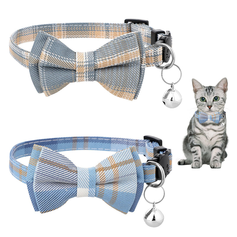 2 PCS Bow Tie Cat Collar with Bells Cat Collar Breakaway Cute Bowtie Plaid Cat Collar with Cat Buckle Soft Adjustable Kitten Accessories for Indoor Cats Puppy and Small Pets Blue and White Plaid - BeesActive Australia