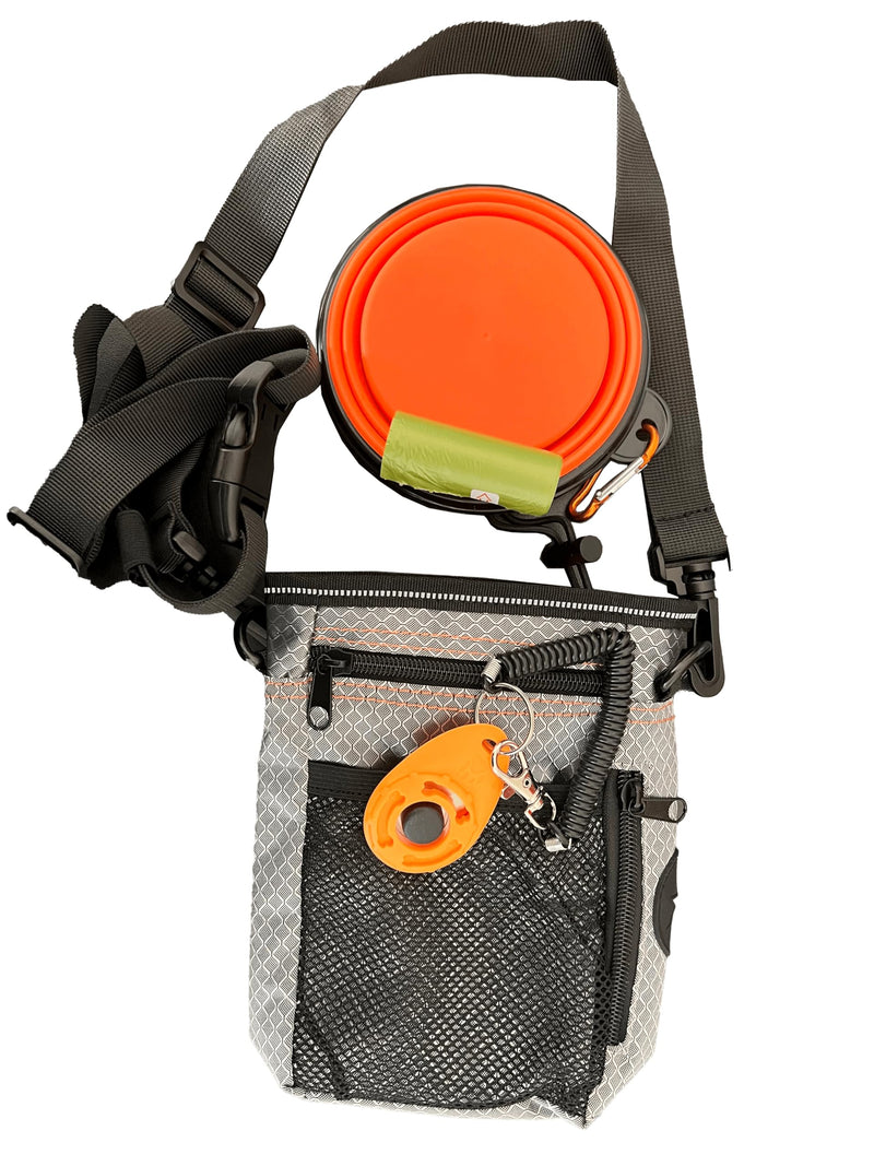 Dog Treat Training Pouch - Dog Training Bag Easily Carries Pet Toys & Treats. Includes Clicker, Foldable Bowl & Poop Bags, 3 Ways to Wear. Perfect for Obedience & Agility Training. Gray & Orange. - BeesActive Australia