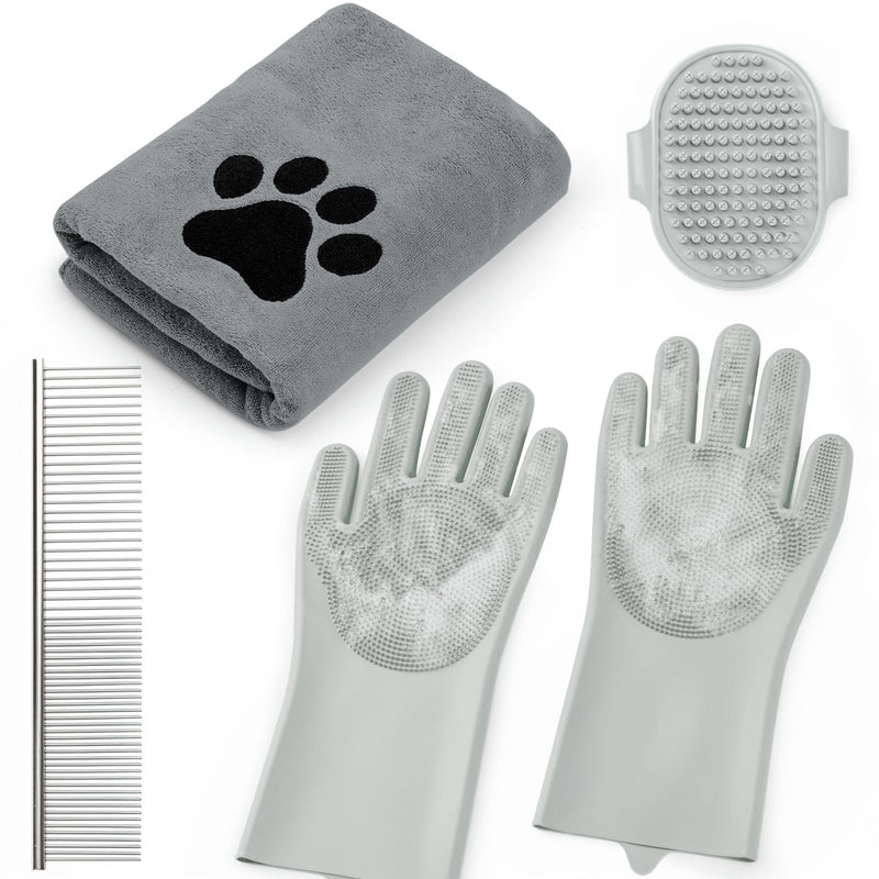 Pet Shower & Bath Supplies，Dog Shampoo Brush Set with Towel, Washing Gloves,Comb for Dogs and Cats (Grey) - BeesActive Australia