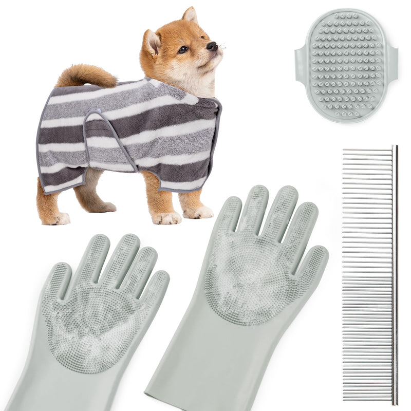Pet Shower & Bath Supplies，Dog Shampoo Brush Set with Towel, Washing Gloves,Comb for Dogs and Cats (Stripe) - BeesActive Australia