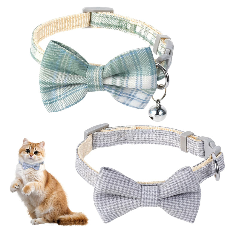 2PCS Cat Bow Tie Collar with Bell, Cat Collar Breakaway Washable Cute Elegant Plaid Pet Bow Tie for Cat Dog, Adjustable from 9-11.8 Inch(Gray, Light Green) - BeesActive Australia