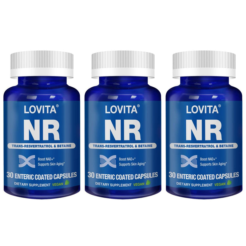 LOVITA NR (Nicotinamide Riboside) 350 mg, NAD Supplement with Trans-Resveratrol and Betaine, Promote NAD Plus Levels, Healthy Aging, 30 Vegan Enteric-Coated Capsules (Pack of 3) Standard Package 30 Count (Pack of 3)