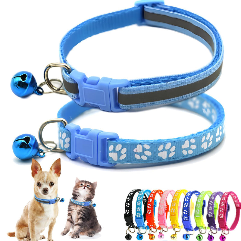 Blue XS Cat Collar with Bell, 2-Pack Puppy Collars Reflective Dog Collar Nylon Soft Adjustable Buckle for XXS XSmall Extra Small Tiny Boy Girl Pets Female Male Kitten Yorkie Teacup Chihuahua X-Small Light Blue XS (Neck 7"-12") - BeesActive Australia