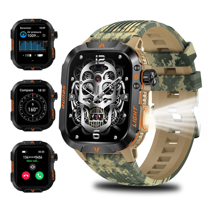 QTLLBT Military Outdoor Watch Altimeter Barometer Compass Tactical Smart Fitness Watch Heart Rate Sleep Monitor 100+ Sport Modes Fitness Available for Android and iOS (Camouflage Yellow) Camo Yellow - BeesActive Australia