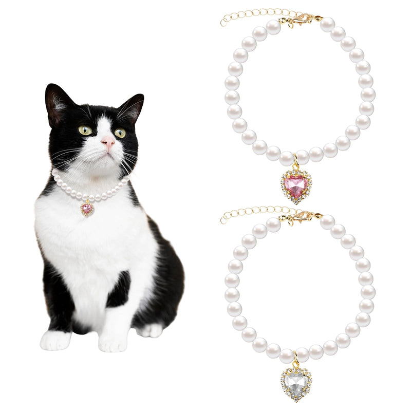 2 Pcs Cat Dog Pearl Necklace Small Heart Shape Rhinestone Pet Collar Adjustable Dog Collar Wedding Party Pet Jewelry Accessories for Cats Puppy Small Dogs (Pink, White) - BeesActive Australia