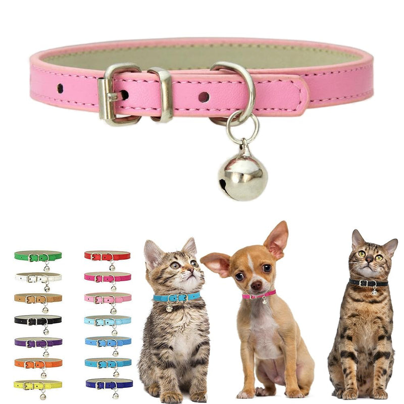 Pink Puppy Collar with Bell, Soft Pu Leather Kitten Dog Collars Adjustable Buckle for XXS XS Extra Small Medium Tiny Female Male Boys Girls Pets Small Cats Teacup Yorkie X-Small S for Neck 10"-13" Pink - BeesActive Australia