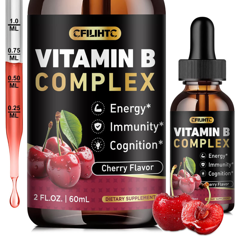 CFILIHTC Vitamin B Complex Liquid Drops, B Vitamins Complex Supplement with B1, B2, B3, B5 B6, B7, B9 & Methyl B12 Drops for Adults & Kids, Vegan, Cherry Flavor 2 Fl Oz (Pack of 1)