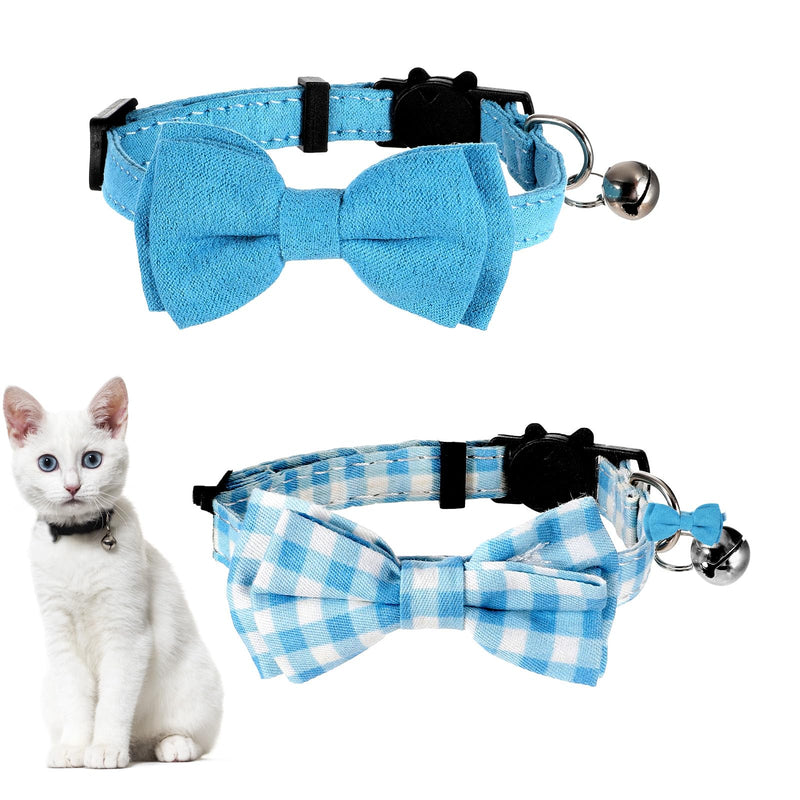 Cute Cat Collar with Bell Adjustable Kitten Collar Bow Tie Collar for Boy Cats Small Pet Collar Classic Plaid & Solid Color Breakaway Safety Collar for Daily Wear (Blue) - BeesActive Australia