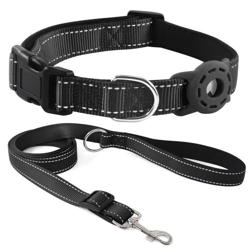 AirTag Dog Collar and Reflective Leash Set Bundle with Airtag Holder Case,Adjustable Padded Nylon Pet Collar for Small Medium Large Dogs(Black, Medium) Black - BeesActive Australia