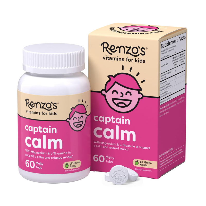 Renzo's Captain Calm Kids Magnesium Supplement with L-Theanine, Dissolvable Kids Vitamins for Relaxation and Mood Support, Sugar-Free Melty Tabs, Green Apple Flavor, 60-Count (1-2 Month Supply) | L-Theanine, Passionflower, Lemon balm, Relaxation & Mood...