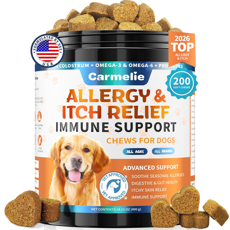 Carmelie Dog Allergy Relief Chews - Dog Itching Skin Relief 200 Chews, Yeast Treatment & Anti Itch Licking Paw, Itchy Skin and Ears for Seasonal Allergies, Probiotics Gut Digestive & Immune Support
