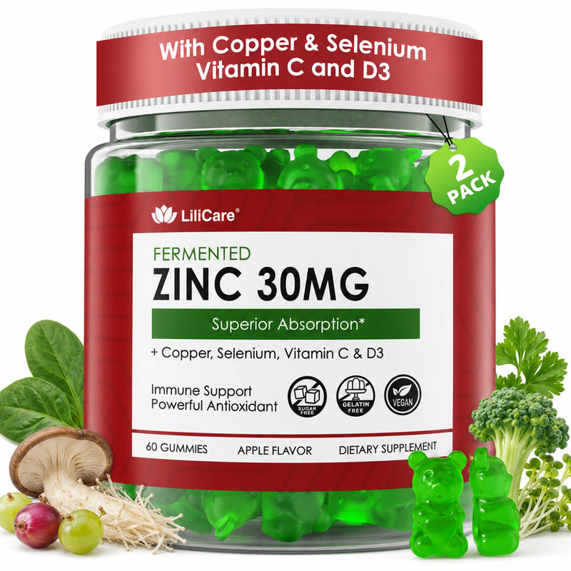 Fermented Zinc Gummies 30mg + Copper, Selenium, Vitamin C & D3, Sugar Free | Zinc Supplements for Women & Men - High Potency & Superior Absorption, Daily Immune Gummies & Whole-Food Blend, Vegan, 2 Pack 60 Count (Pack of 2)