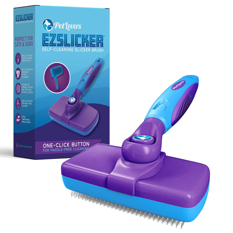 PetLovers EzSlicker Self-Cleaning Brush - Dog Brush for Shedding, Gentle Slicker Brush for Cats, Tangle-Free Grooming Comb with Soft Bristles & Ergonomic Handle for Stress-Free Grooming - BeesActive Australia