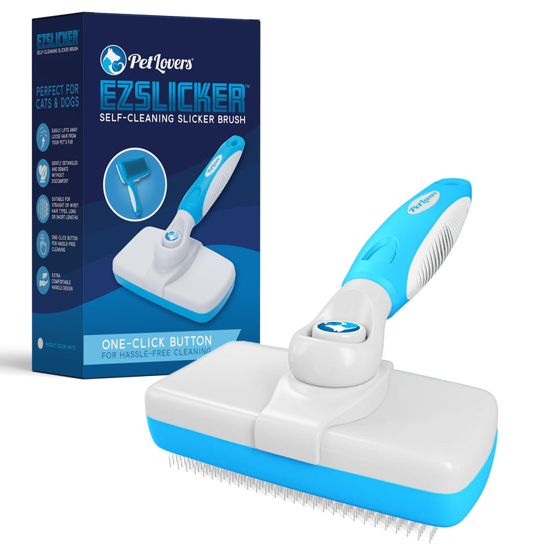 PetLovers EzSlicker Self-Cleaning Brush - Dog Brush for Shedding, Gentle Slicker Brush for Cats, Tangle-Free Grooming Comb with Soft Bristles & Ergonomic Handle for Stress-Free Grooming - BeesActive Australia