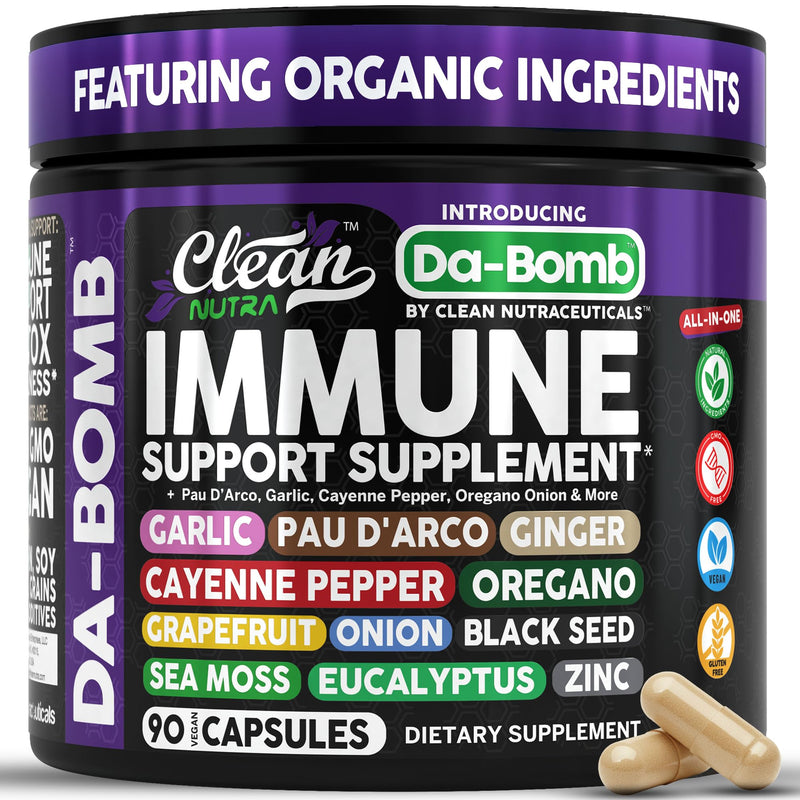 Organic Immune Support with PAU D'Arco Garlic Cayenne Pepper Oregano Ginger Grapefruit Onion Black Seed Sea Moss Black Pepper Zinc Eucalyptus Vitamin C Vitamin D Organic Soursop By Clean Nutra 1