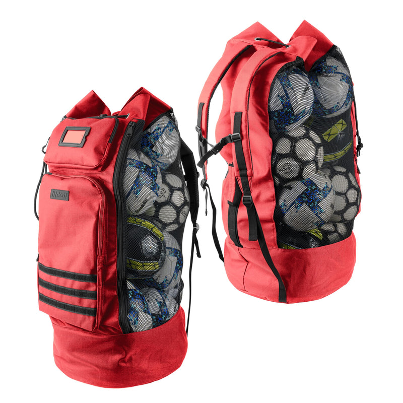 Fitdom Heavy Duty XL Soccer Mesh Equipment Ball Bag w/Adjustable Backpack Shoulder Strap Design for Coach. 2 Different Size Front Pockets for Sporting Accessories. Crimson Red - BeesActive Australia