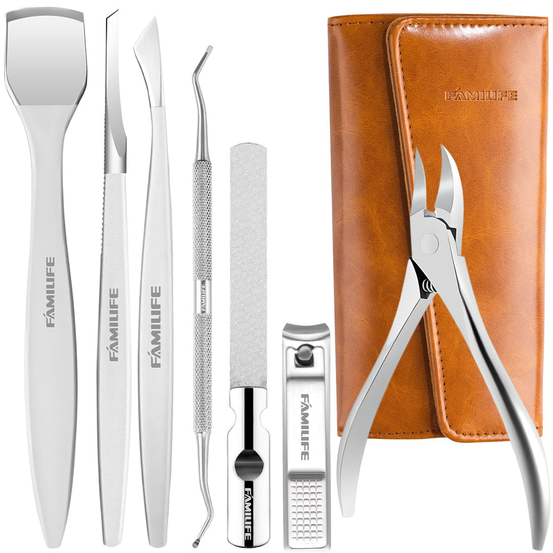 Famlife 7-Piece Professional Pedicure Kit with Toenail Scissors Cuticle Trimmer Nail File Pedicure Knife Blade,Stainless Steel Tools Ingrown Toenail Removal Kit for Nail Care Brown