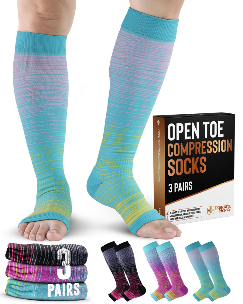 Doctor's Select 3 Pairs Copper Toeless Compression Socks Women & Men - 20-30 mmHg Open Toe Compression Socks Knee High Women Large Line Patterns 1 - 3 Pairs