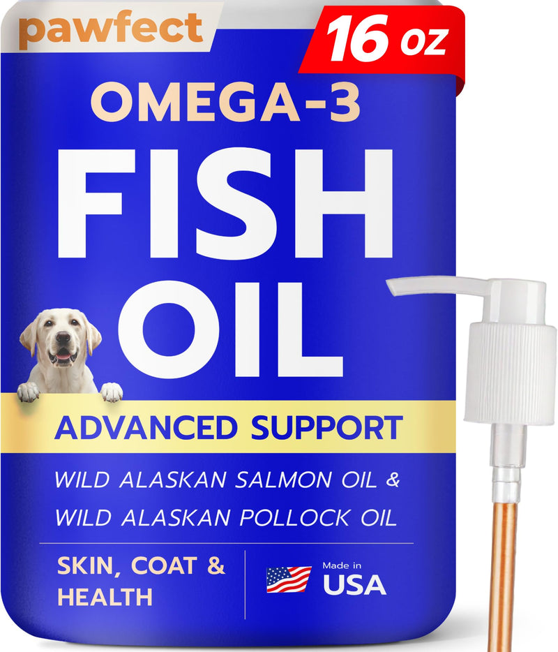 PAWFECTCHEW Fish Oil for Dogs - Natural Omega-3 - Skin & Coat Support - Liquid Food Supplement for Pets - Natural EPA + DHA Fatty Acids for Joints, Immune & Heart Health 16oz - Pollock & Salmon Oil 16 Fl Oz