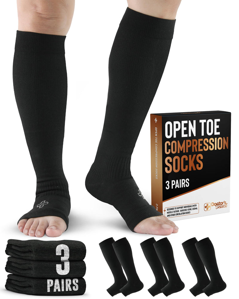 Doctor's Select 3 Pairs Copper Toeless Compression Socks Women & Men - 20-30 mmHg Open Toe Compression Socks Knee High Women Medium Black - 3 Pairs