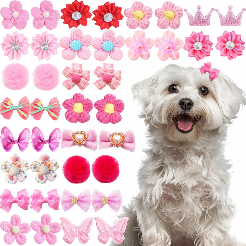 Dog Bows 40pcs, Puppy Hair Bows for Small Dogs Girl, Cute Dog Hair Bows with Rubber Bands, Pink Small Hair Ties for Yorkie Teddy, Flower Ball Bowknot Top Knot Handmade Pet Hair Accessories - BeesActive Australia