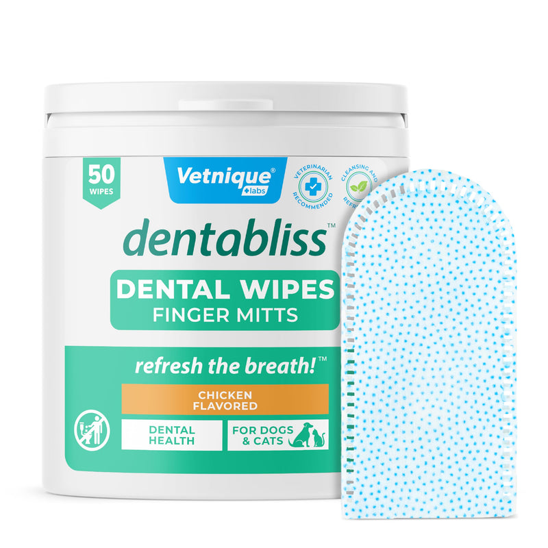 Vetnique Dentabliss - Dog Teeth Cleaning Finger Mitt Dental Wipe - Dog Plaque & Tartar Prevention with Brushing Beads - Flavored Dog Teeth Wipes, Dog Breath Freshener (Chicken) Chicken - PawsPlanet Australia