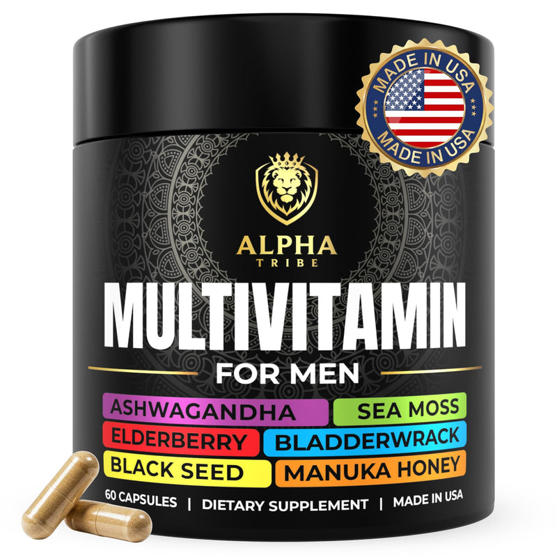Alpha Tribe Multivitamin for Men with Seamoss Black Seed Oil Ashwagandha Burdock Root, Turmeric Bladderwrack, Vitamin C, Elderberry, Manuka, Yellow Dock | Daily Men's Vitamins and Minerals Supplement 60 Count (Pack of 1)