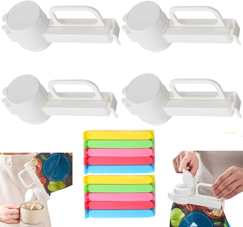 4 Pack Bag Clips with Pour Spout + 10 PCS Food Bag Clips, Sealing Bag Clips for Snack Food Storage, Reusable Plastic Cap Sealer Clips for Snack Small Particle Food, Liquid, Dog/Cat Food Organizer - BeesActive Australia