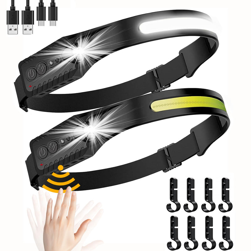 Led Headlamp Rechargeable, Headlight Headband Light Lumen with Red Motion Sensor Battery Powered, 230° Wide Beam Super Bright Head Lights for Forehead, Running Headlamp for Camping, Working(2Pack) 2PCS A