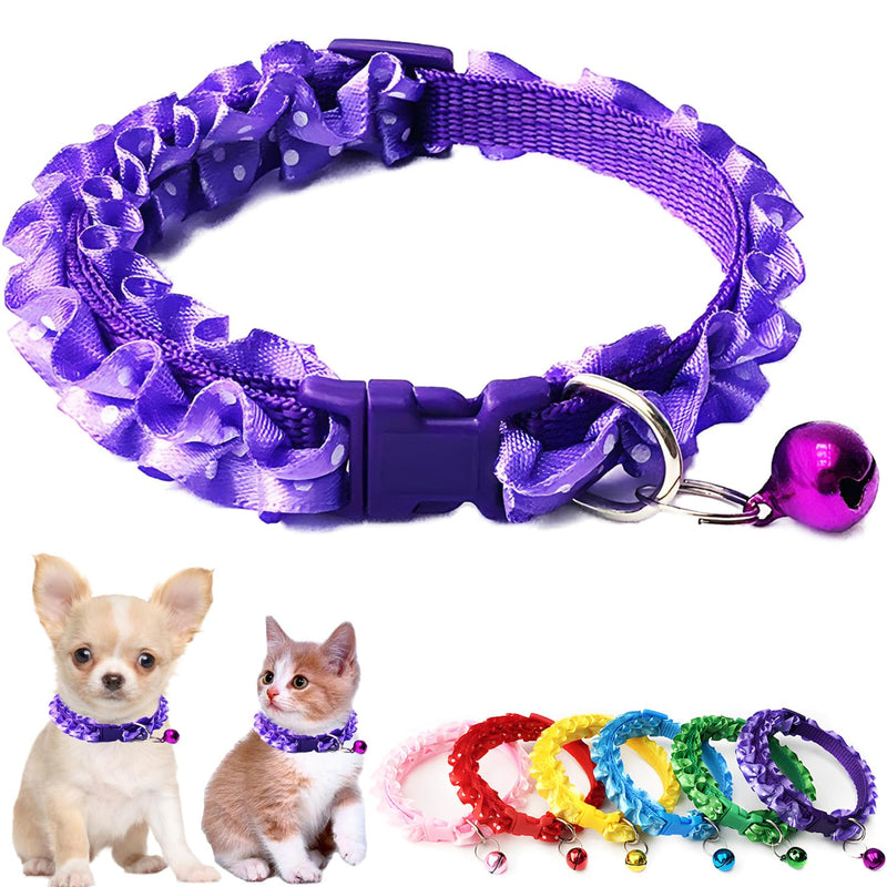 Purple Dog Collar with Bell, Cute Lace Puppy Collars with Bell Adjustable Buckle for XXS XSmall Extra Small Cats Tiny Pets Male Boy Girl Female Kitten Yorkie Chihuahua Teacup X-Small Purple XS (Neck 7"-12") - BeesActive Australia