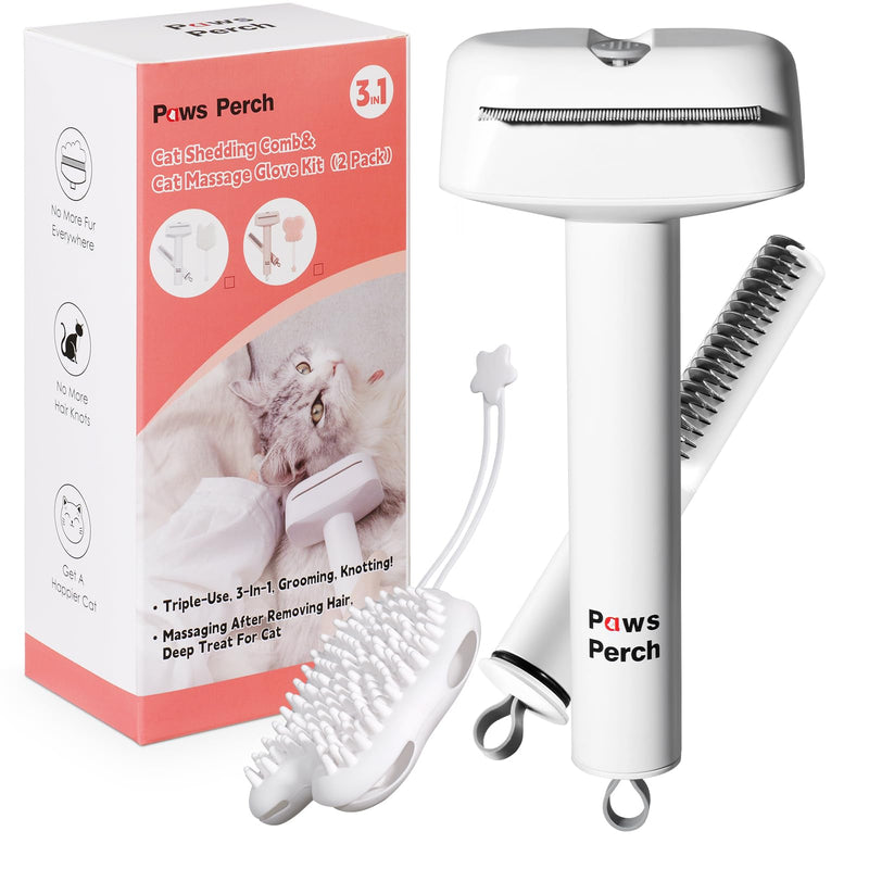 Cat Hair Shedding Brush Slicker Kitten Grooming Undercoat Dematting Comb with Massage Glove, 3 in 1 Effective Dandruff Removal Kit for Short Long Fur Pet Indoor, Outdoor, Travel Use, White - BeesActive Australia