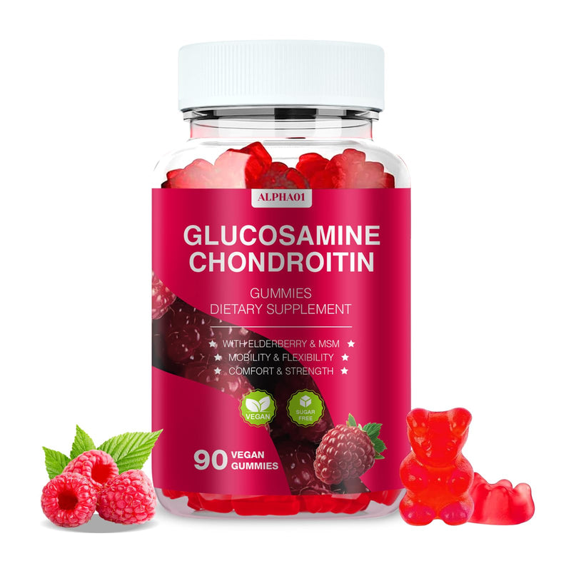 Glucosamine Chondroitin Gummies - 3000MG Extra Strength Joint Support Supplement with MSM & Elderberry, Flexibility, Antioxidant Immune Support Gummy for Adults, Men & Women - 90 Raspberry Gummies - BeesActive Australia