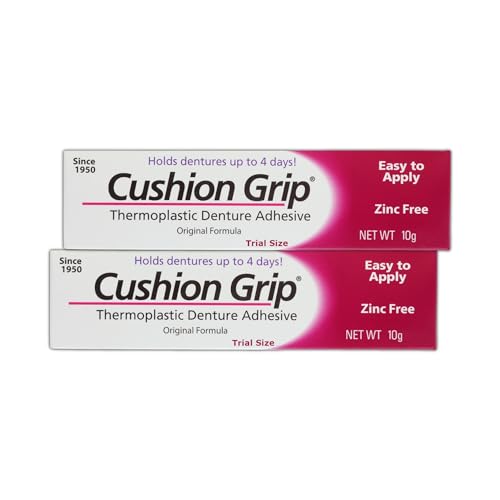 Cushion Grip Thermoplastic Denture Adhesive, 0.35 oz Travel Size (Pack of 2) – Refits and Tightens Loose Dentures for Up to 4 Days | Glue-Free, Zinc-Free, Waterproof, Acts Like a Soft Denture Reliner