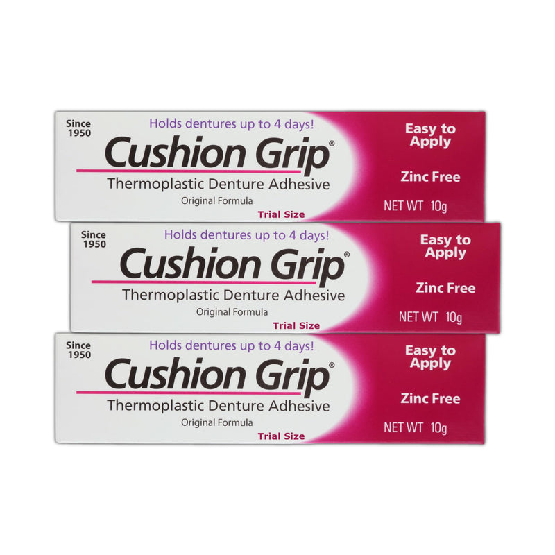 Cushion Grip Thermoplastic Denture Adhesive, 0.35 oz Travel Size (Pack of 3) – Refits and Tightens Loose Dentures for Up to 4 Days | Glue-Free, Zinc-Free, Waterproof, Acts Like a Soft Denture Reliner