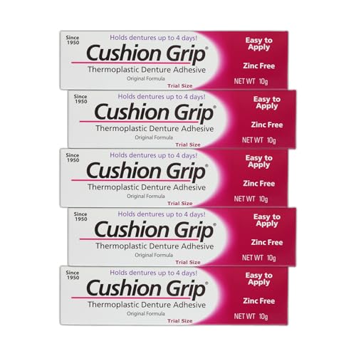 Cushion Grip Thermoplastic Denture Adhesive, 0.35 oz Travel Size | Refits and Tightens Loose Dentures On The Go | Glue-Free, Acts Like a Soft Denture Reliner (Pack of 5) 5 Pack