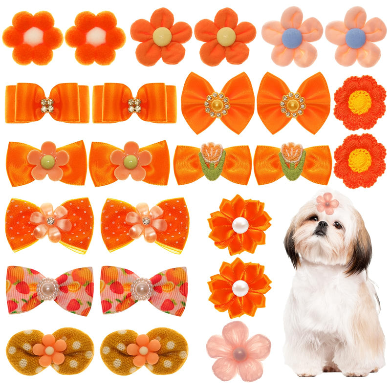 26 Pcs Orange Small Dog Hair Bows Cute Puppy Dog Bowknot Hair Bow Bulk with Rubber Bands Elastic Lace Rhinestone Pearls Hair Ties Mix Style Handmade Grooming Flower Topknot Ball Bows Accessories - BeesActive Australia
