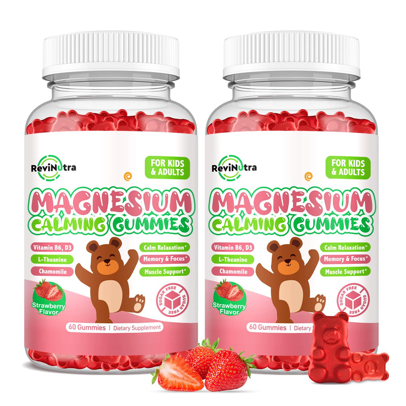 Kids Magnesium Glycinate Gummies, Magnesium Supplement with L-Theanine, Vitamin B6, D3 for Kids & Adults, Calm Magnesium for Sleep Relaxation,Brain,Bones,Sugar Free Strawberry 120ct 60 Count (Pack of 2)