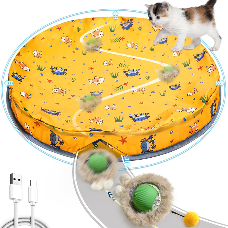 Interactive Cat Toy Ball,Self Rolling Cat Ball in Pouch Fixed with Steel Rim,Rechargable Automatic Motion Activated Moving Toy with 3 Working Modes,Hide and Seek Mouse Catching Game,28 Inch Yellow - BeesActive Australia