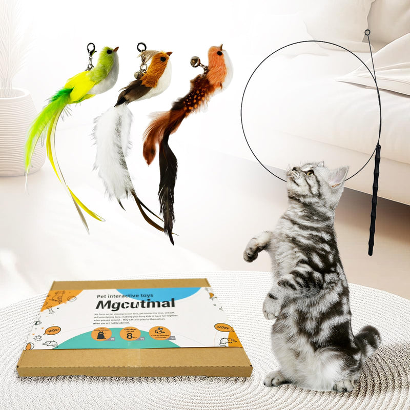 Cat Toy Wand Interactive Toys for Indoor Cat, Wire Version, Natural Bird Feather Ball Toys, 4-in-1 Refill Pet Dancing Playing Toy, cat Lures，for Indoor Cats (4 in 1, Forest Birds) 4 in 1 - BeesActive Australia