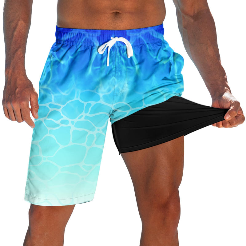 westwolf Men's Swim Trunks with Compression Liner 9" Quick Dry Board Shorts C Blue Green White X-Large