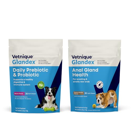 Vetnique Glandex for Dogs Prebiotic & Probiotic Supplement Chews 30 Count Bacon Flavor Plus Glandex Anal Gland Support Chews 30 Count Peanut Butter Flavor Bundle, 5-Strain Probiotics for Dogs