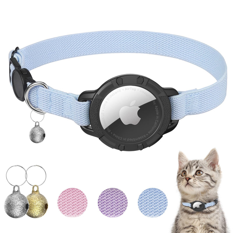 AirTag Cat Collar, Sucegi Stretchy Kitten Collar with Apple Air Tag Holder and Bell, Breakaway Design Ultra Elastic GPS Tracking Cat Collar for Cats and Puppies, (7.5-12.5 Inch), Blue - BeesActive Australia
