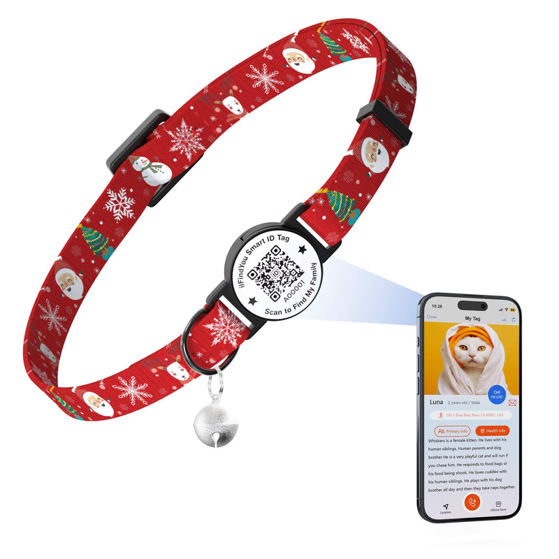 Christmas Cat Collar Breakaway with Bells, Xmas Patterns Kitten Collar with Qr Code Cat Tag Red Snowflake - BeesActive Australia