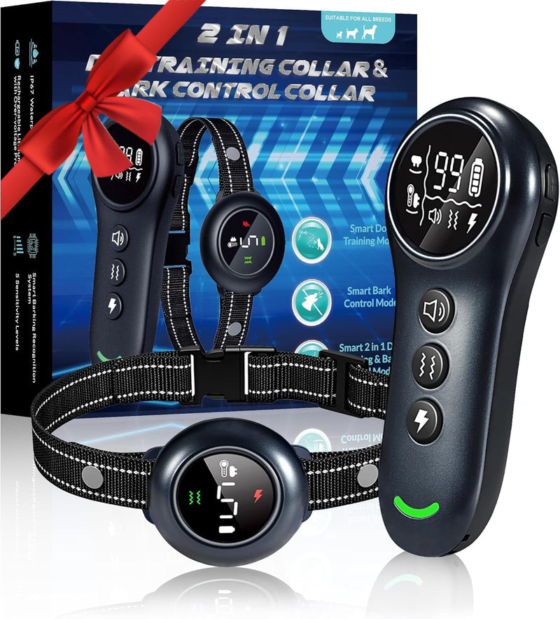 2-in-1 Dog Training and Bark Control Collar – Rechargeable, Waterproof, Smart Anti-Barking Collar for Small, Medium, and Large Dogs - Effective & Humane Training dark blue - BeesActive Australia