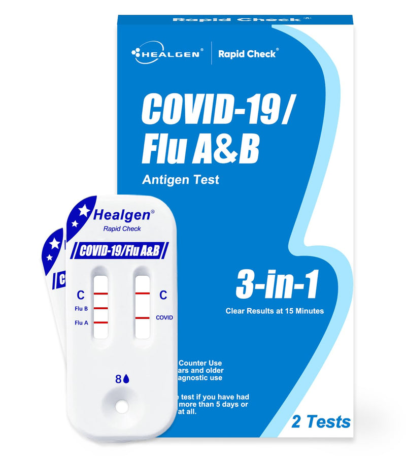 Healgen Rapid Check COVID-19, Flu A&B Antigen Test Kit, The First FDA Authorized OTC 3-in-1 Flu & COVID Home Test, Easy to Read Dual Windows, Results in 15 Mins, 2 Test