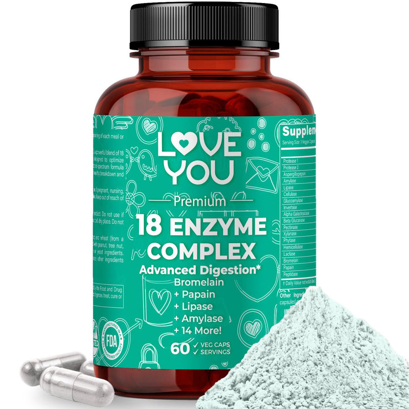 Love You 18 Enzyme Complex – Broad Spectrum Digestive Support with Amylase, Bromelain and Papain – Promotes Nutrient Absorption and Healthy Digestion, 60 Veggie Capsules