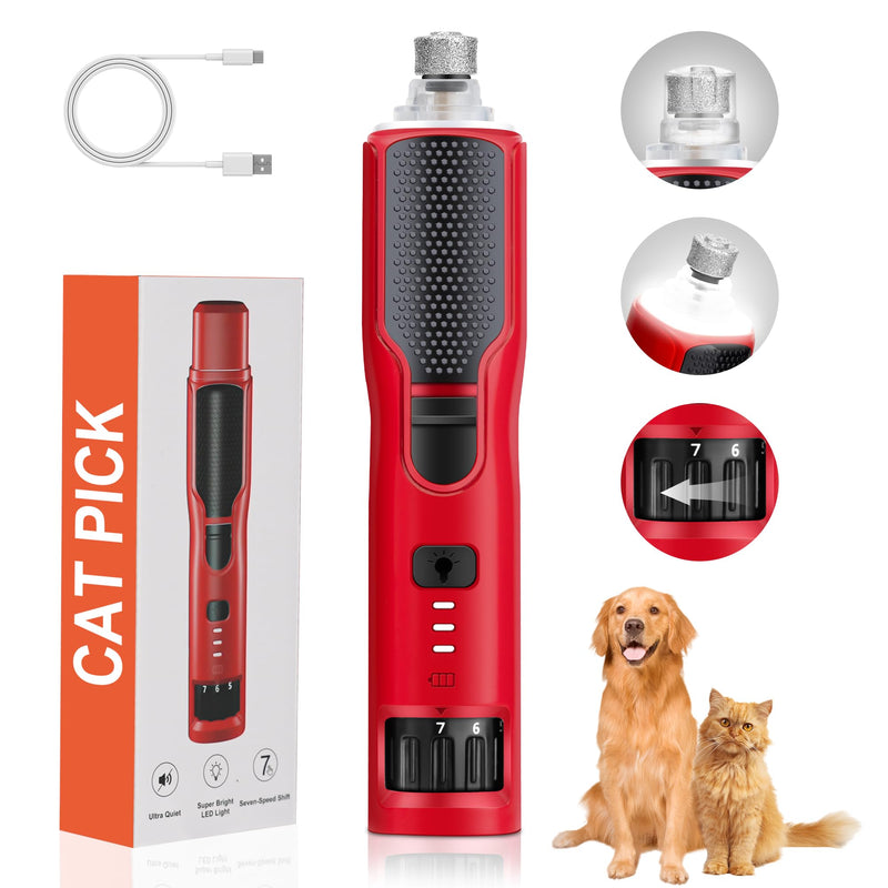 Dog Nail Grinder, 7-Speed with 360°LED Lights,Type-C Rechargeable Super Quiet and Low Vibration Electric, Dog Nail Trimmers for Large Medium Small Pets Cats Paws Grooming (Red) Red - BeesActive Australia