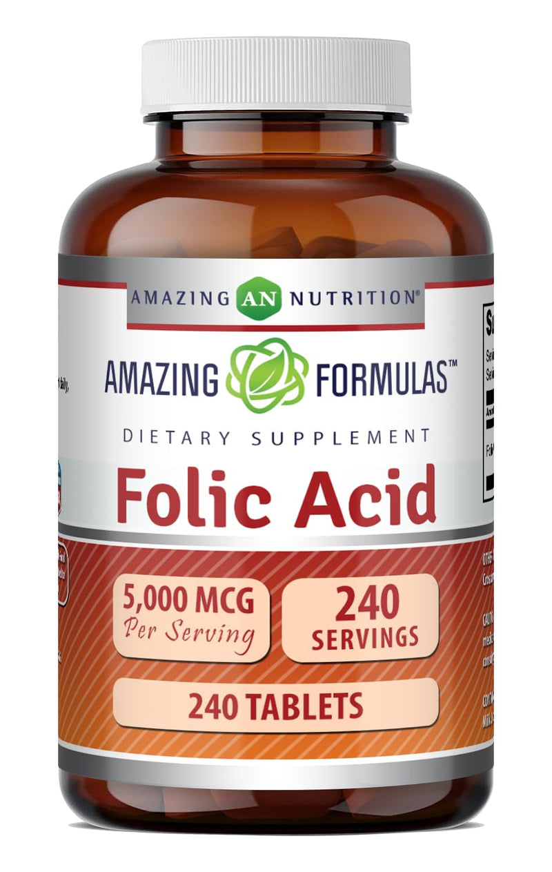 Amazing Formulas Folic Acid 5000 Mcg per Serving | Tablets Supplement | Non-GMO | Gluten-Free | Made in USA (1 Pack | 240 Count) 1 Pack | 240 Count