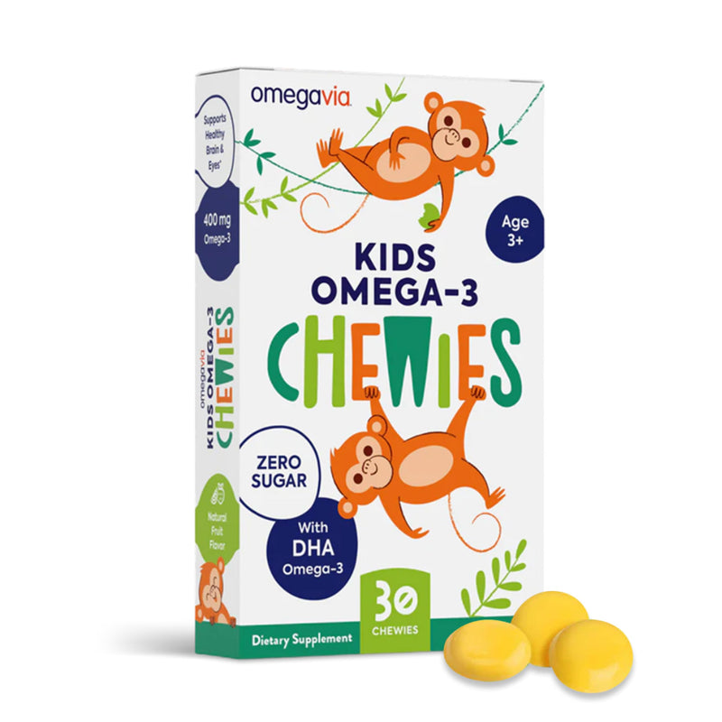 OmegaVia Omega 3 Chewies, Sugar-Free Vitamins for Kids Ages 3-12 (30 Chews) | Daily DHA Chewable for Kids, Brain & Eye Health Support, Natural Fruit Flavor, Omega 3 Fish Oil Chews, 30 Individual Packets 30 Count (Pack of 1)